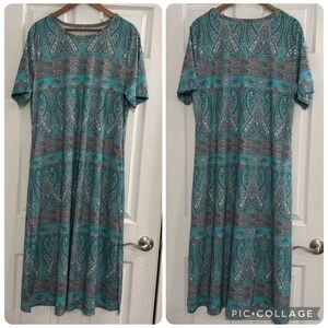 Paisley Womens Maxi Tunic Dress XL Teal Pockets Boho Short Sleeve Lounge Stretch